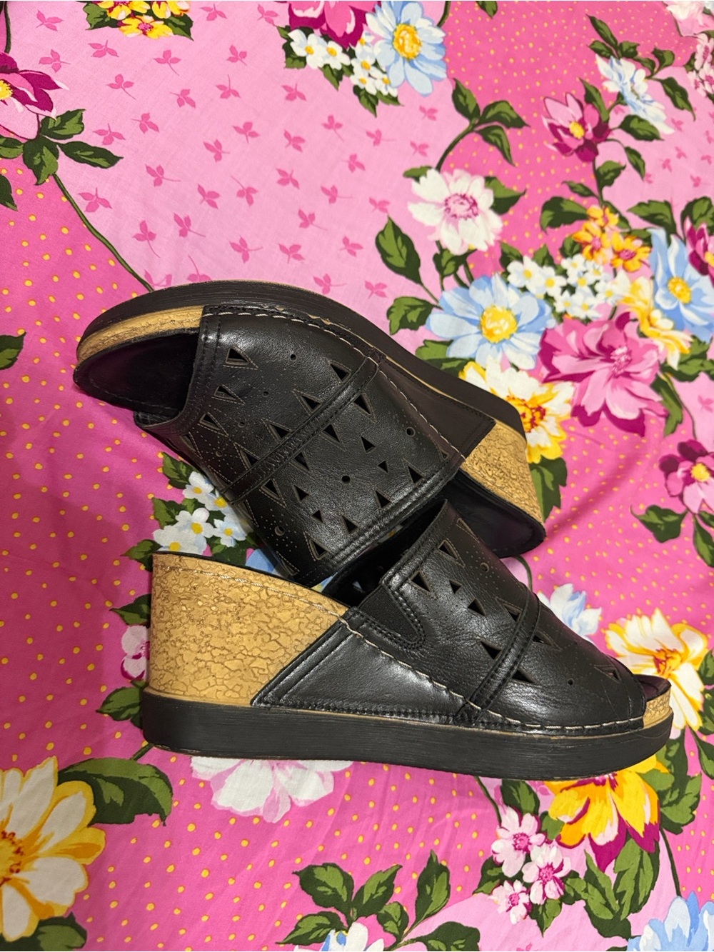 Women's Black Wedge Slide Sandals with Cork-Look Heel